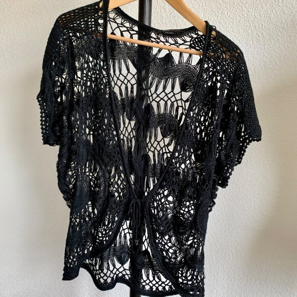 BCBG Black Macrame Tie-Front Short Sleeve Cardigan L - Picture 10 of 10